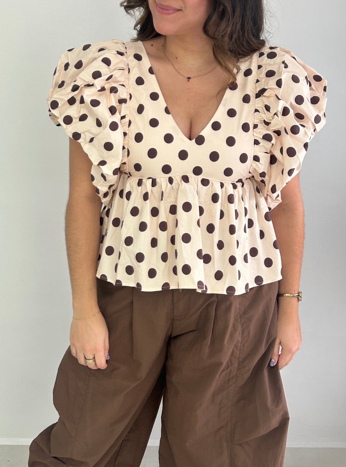 Lucille Polka Dot Top - Blush Pink & Brown Dots