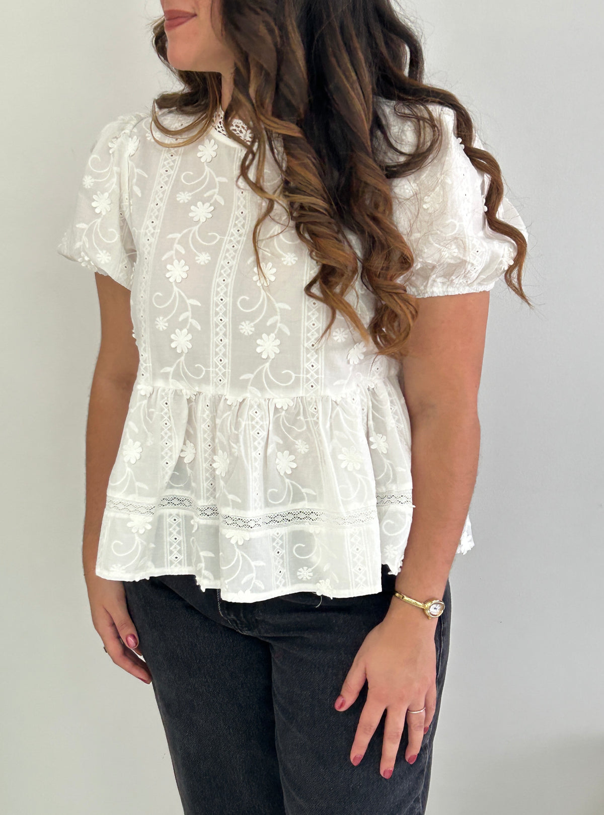 Eliza Floral Embroidery Top - White