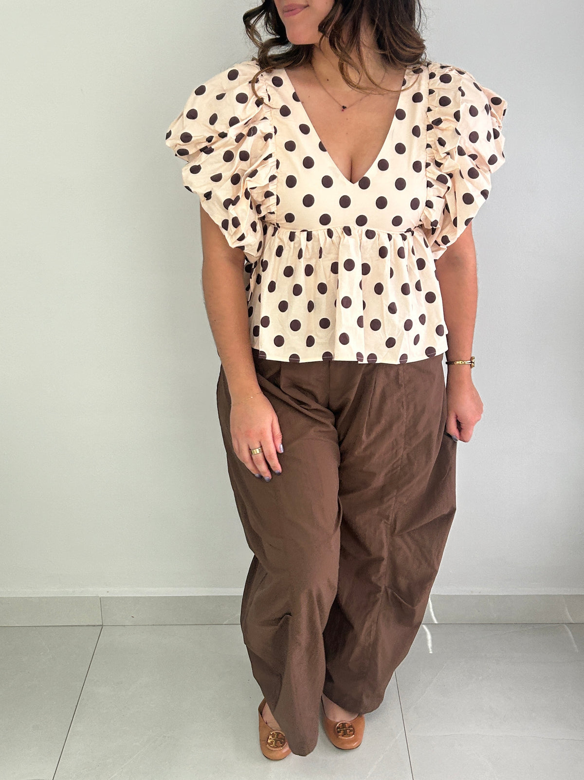Lucille Polka Dot Top - Blush Pink & Brown Dots â view 2