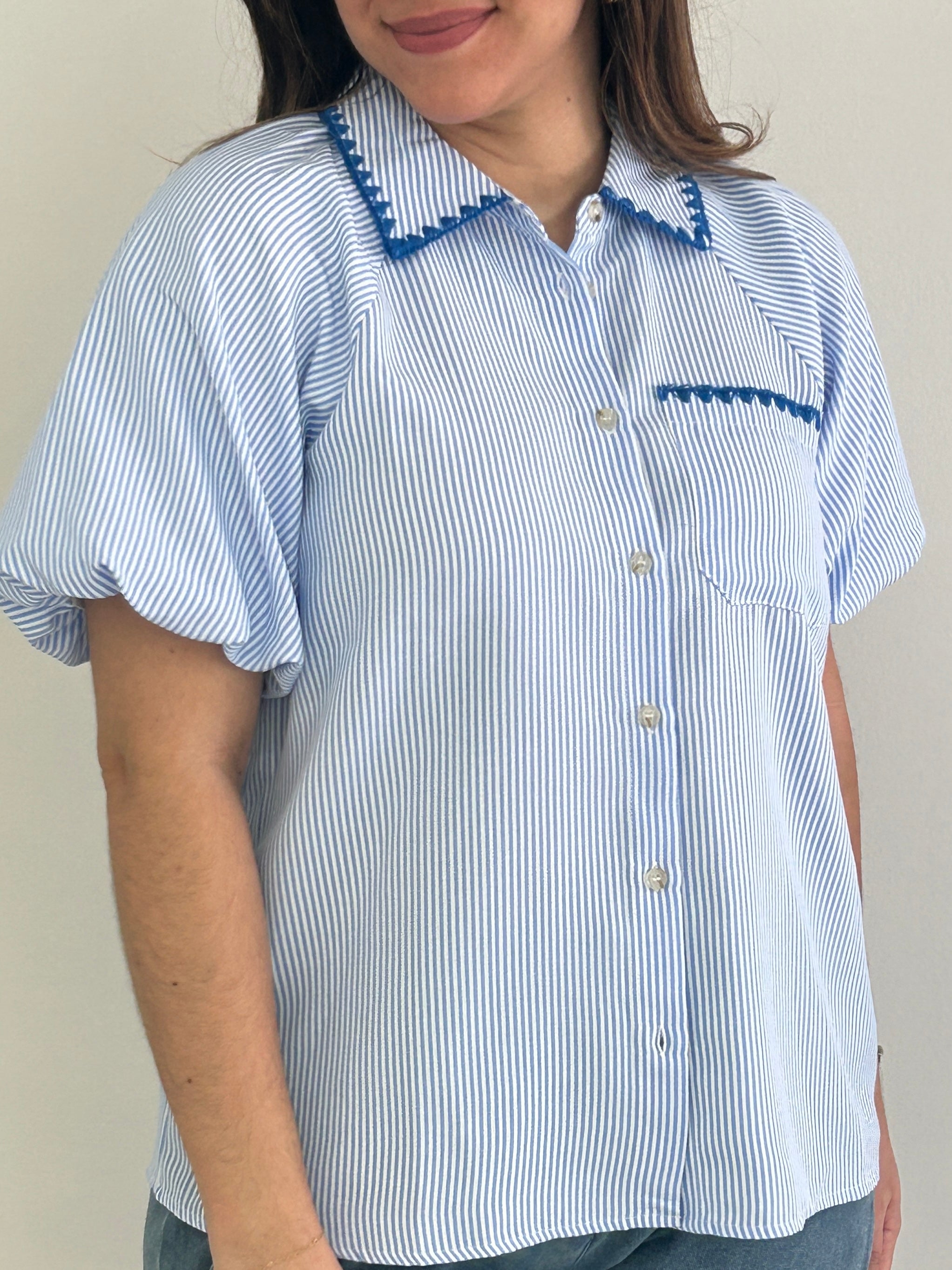 Person wearing a blue and white striped shirt with embroidered details on a plain background